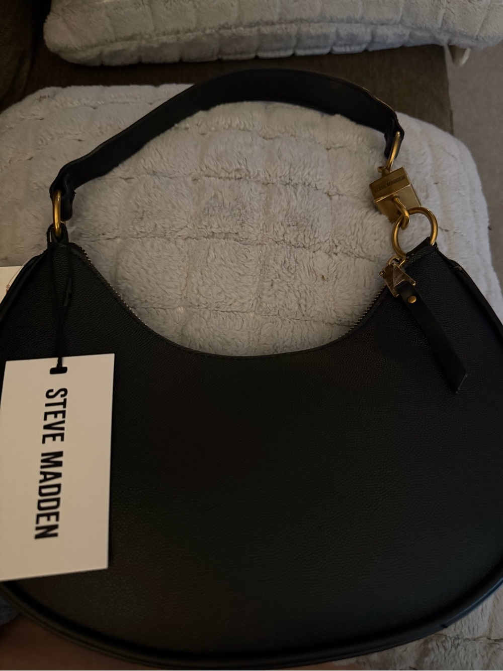 Steve Madden Black Crescent Hobo Shoulder Bag with Gold Hardware